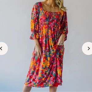 Piper & Scoot Smocked Ruffle Sleeve Floral Francesca Midi Dress Square Neck